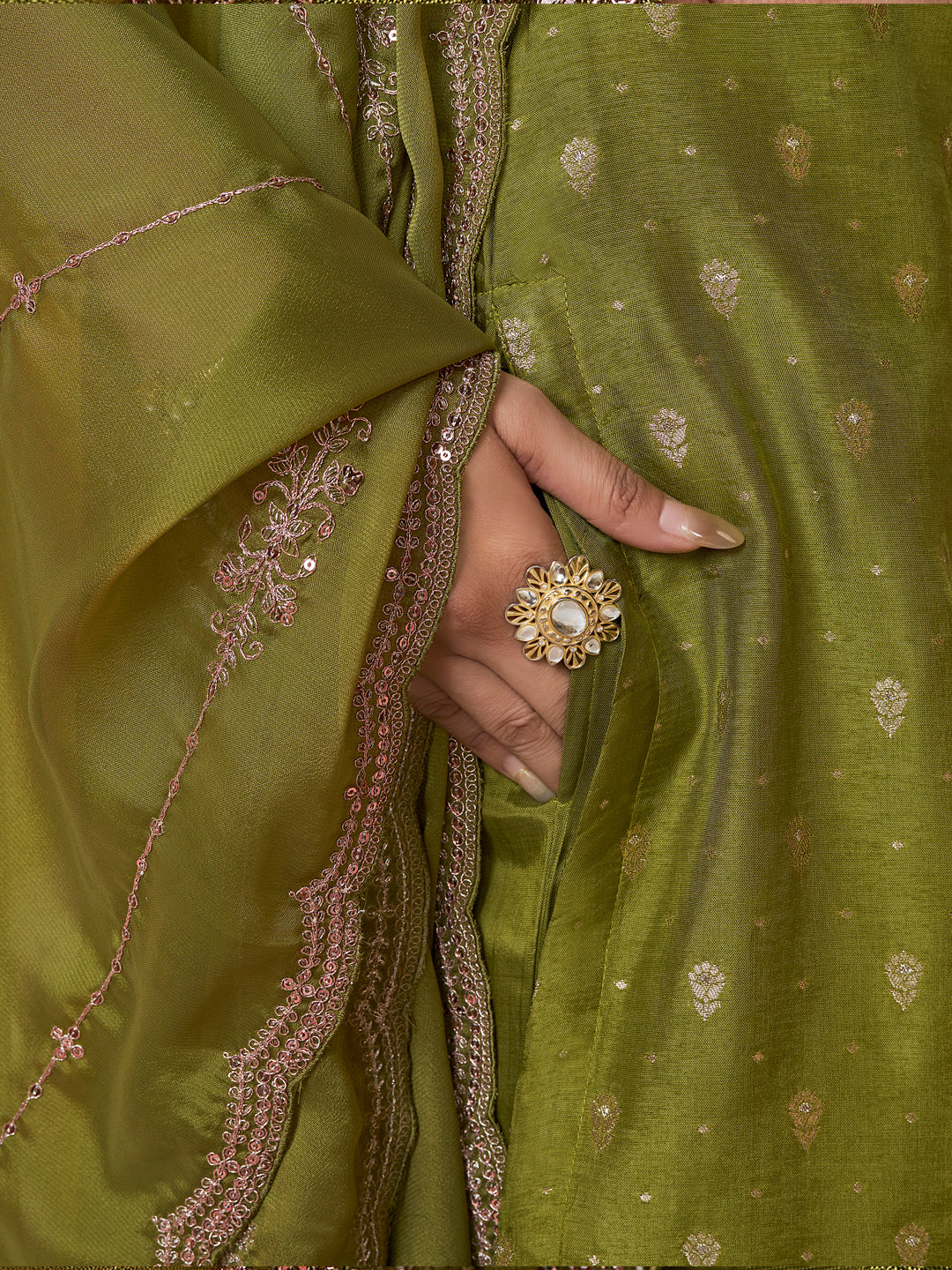 Olive Dola Silk Fabric Kurta with Embroidered & Jacquard Work Paired with Rangoli Fabric Dupatta with Patterned Sequins Work.
