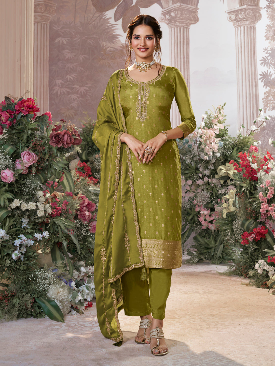 Olive Dola Silk Fabric Kurta with Embroidered & Jacquard Work Paired with Rangoli Fabric Dupatta with Patterned Sequins Work.