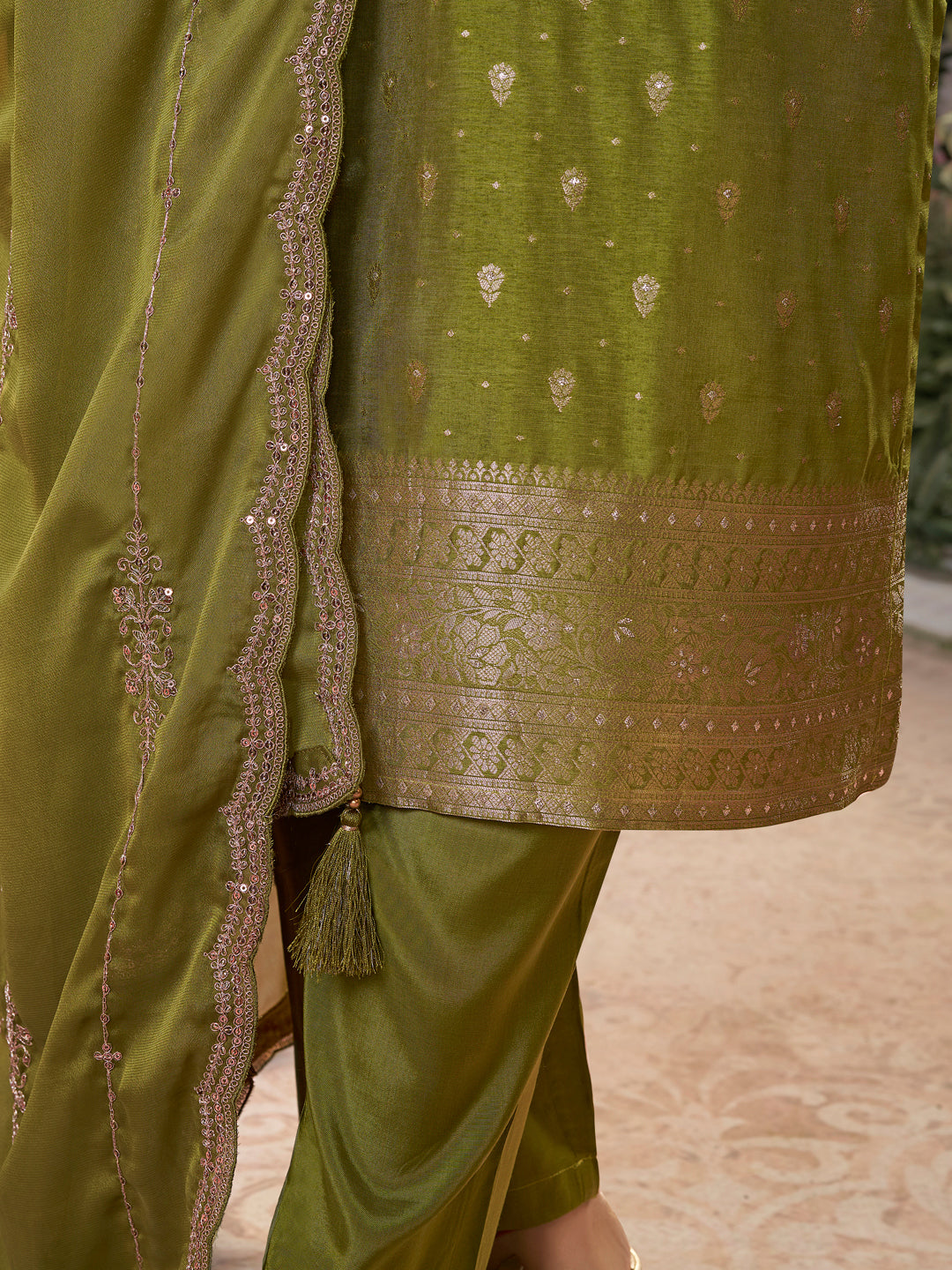 Olive Dola Silk Fabric Kurta with Embroidered & Jacquard Work Paired with Rangoli Fabric Dupatta with Patterned Sequins Work.