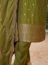 Olive Dola Silk Fabric Kurta with Embroidered & Jacquard Work Paired with Rangoli Fabric Dupatta with Patterned Sequins Work