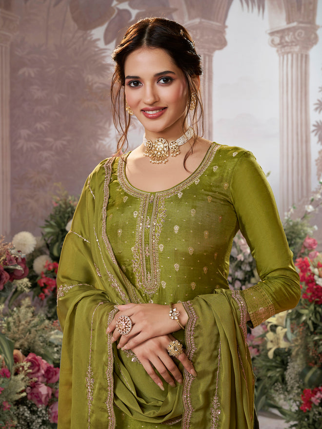 Olive Dola Silk Fabric Kurta with Embroidered & Jacquard Work Paired with Rangoli Fabric Dupatta with Patterned Sequins Work