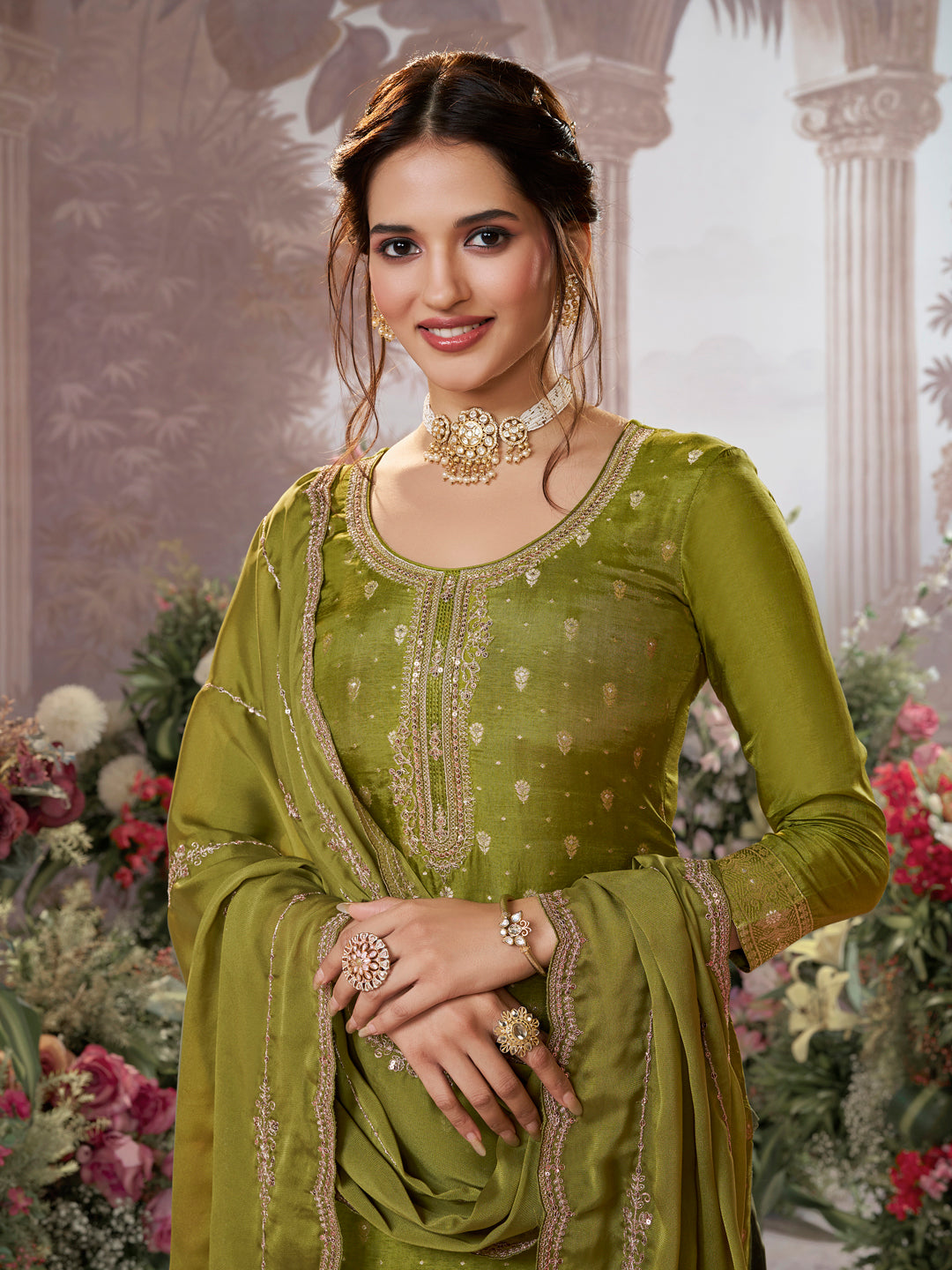 Olive Dola Silk Fabric Kurta with Embroidered & Jacquard Work Paired with Rangoli Fabric Dupatta with Patterned Sequins Work.