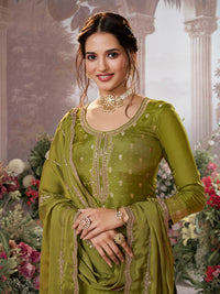 Olive Dola Silk Fabric Kurta with Embroidered & Jacquard Work Paired with Rangoli Fabric Dupatta with Patterned Sequins Work