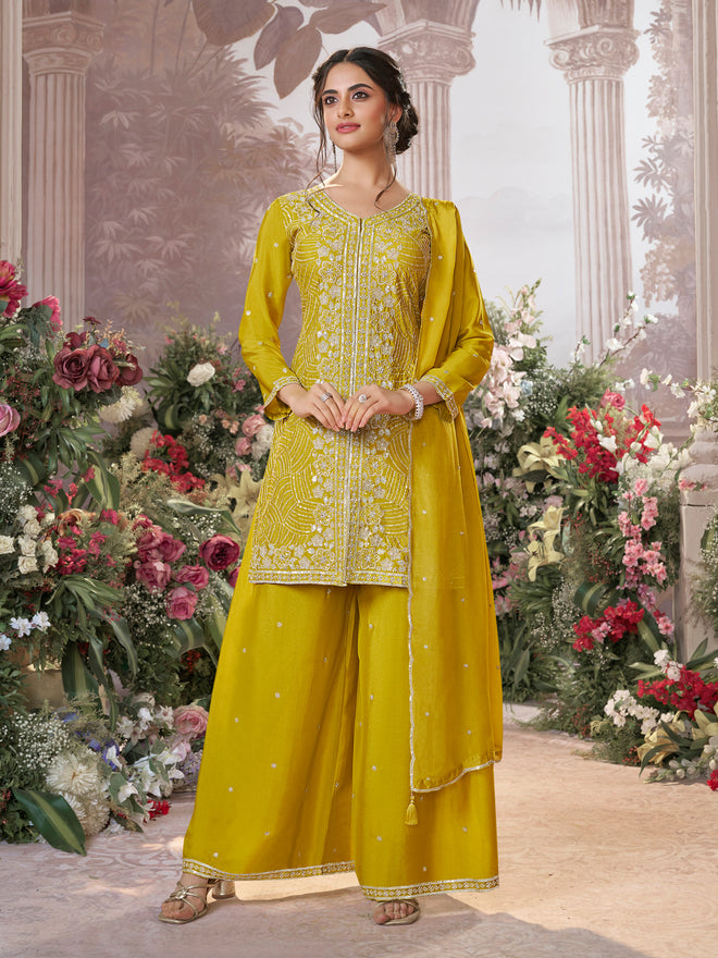 Yellow Chinon Embroidered Sharara Suit with Butti Work and Sequins Scalloped Border Dupatta