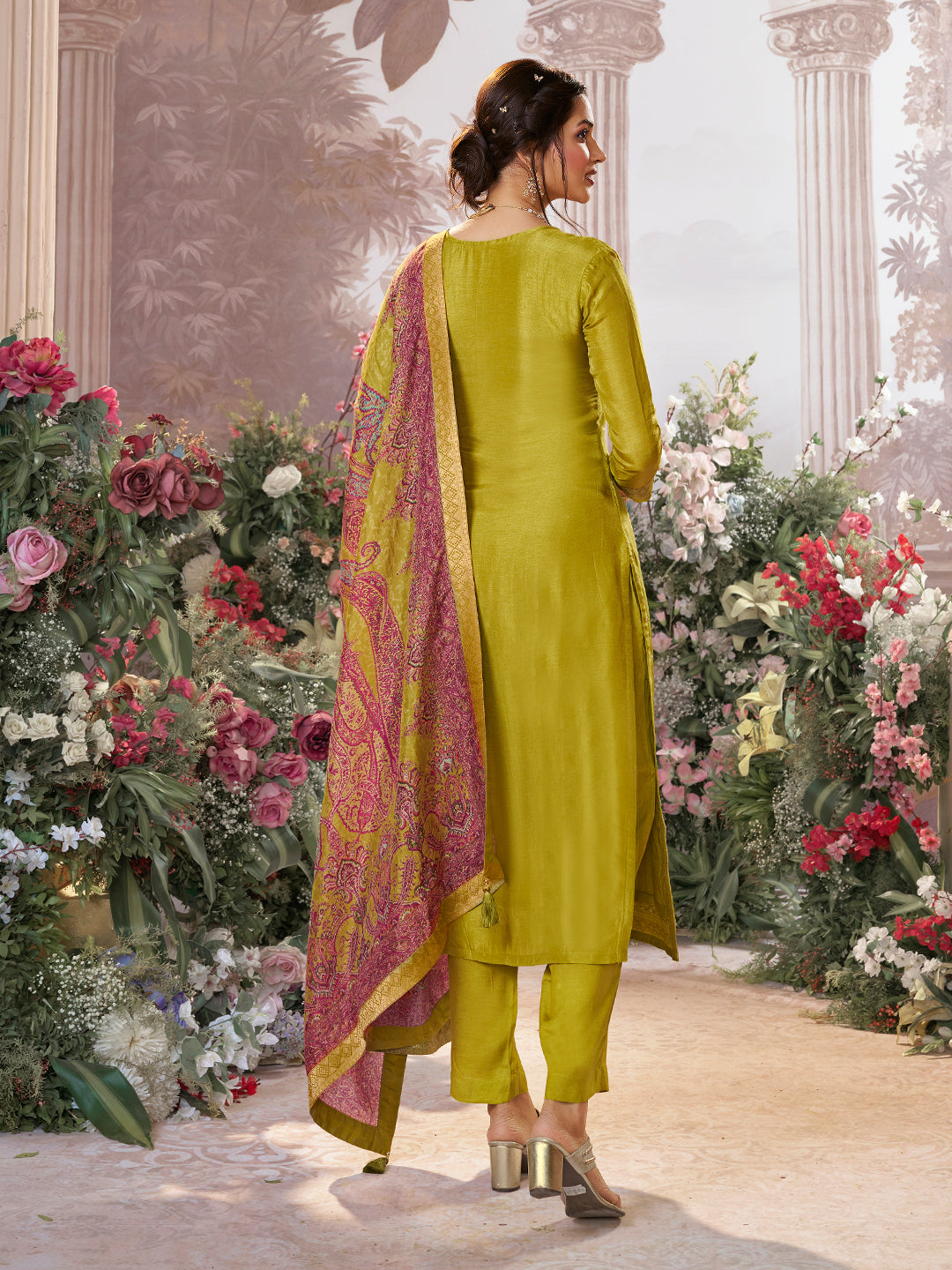 Yellow Dola Silk Kurta Set with Jacquard Detailing and Intricate Embroidery, Paired with a Cherry Silk Dupatta