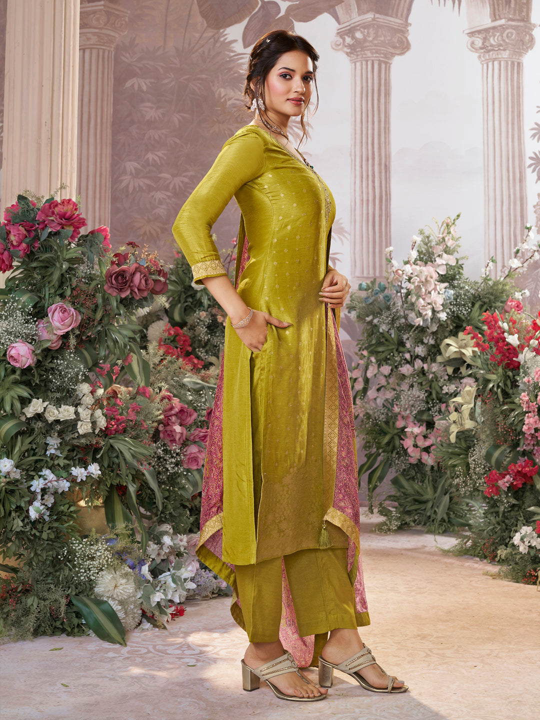 Yellow Dola Silk Kurta Set with Jacquard Detailing and Intricate Embroidery, Paired with a Cherry Silk Dupatta
