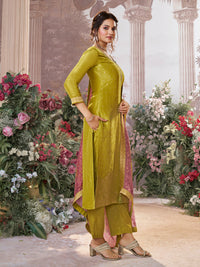 Yellow Dola Silk Kurta Set with Jacquard Detailing and Intricate Embroidery, Paired with a Cherry Contrast Silk Dupatta