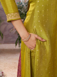 Yellow Dola Silk Kurta Set with Jacquard Detailing and Intricate Embroidery, Paired with a Cherry Contrast Silk Dupatta