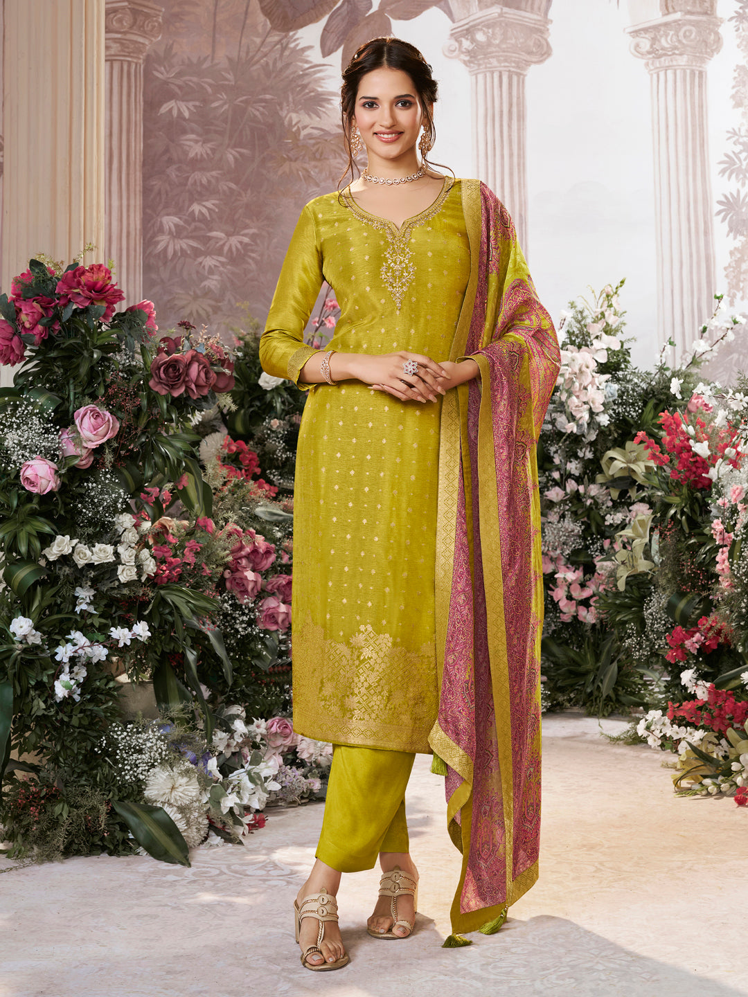 Yellow Dola Silk Kurta Set with Jacquard Detailing and Intricate Embroidery, Paired with a Cherry Silk Dupatta