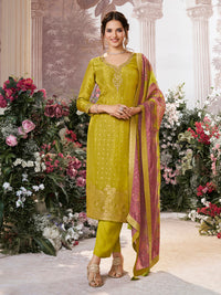 Yellow Dola Silk Kurta Set with Jacquard Detailing and Intricate Embroidery, Paired with a Cherry Contrast Silk Dupatta