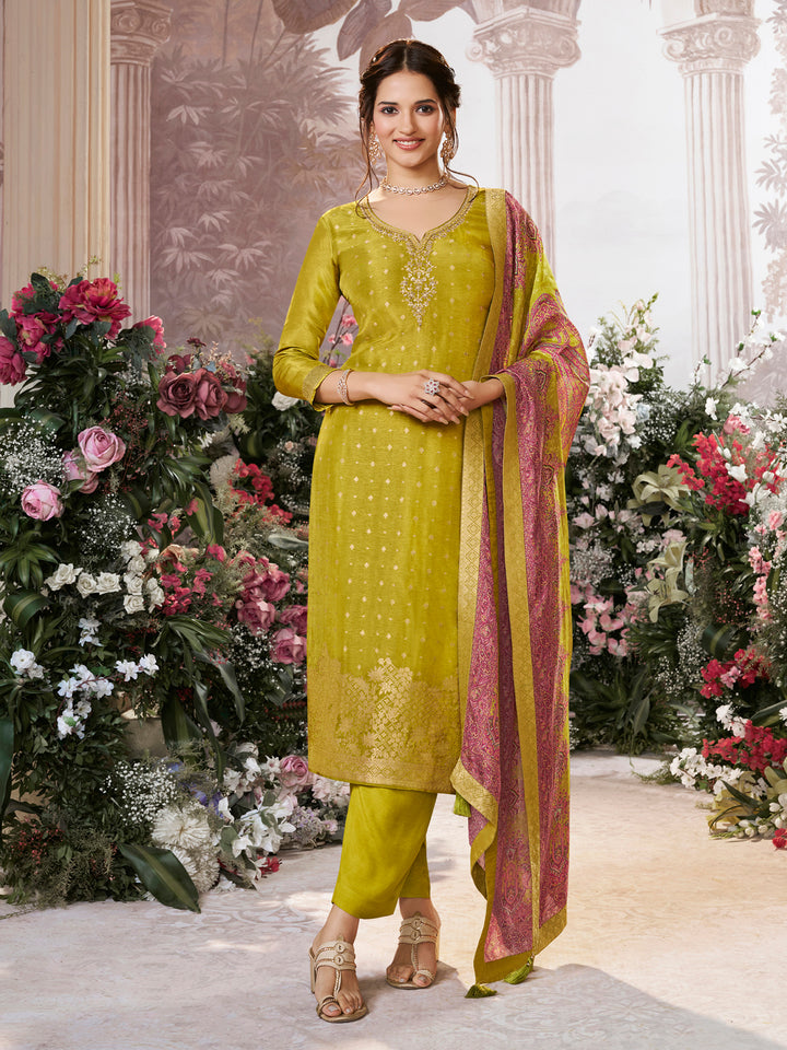 Yellow Dola Silk Kurta Set with Jacquard Detailing and Intricate Embroidery, Paired with a Cherry Silk Dupatta