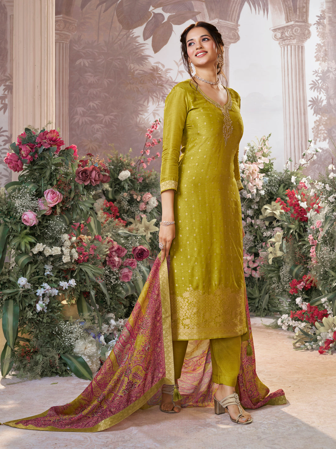 Yellow Dola Silk Kurta Set with Jacquard Detailing and Intricate Embroidery, Paired with a Cherry Silk Dupatta