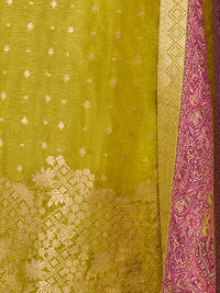 Yellow Dola Silk Kurta Set with Jacquard Detailing and Intricate Embroidery, Paired with a Cherry Contrast Silk Dupatta
