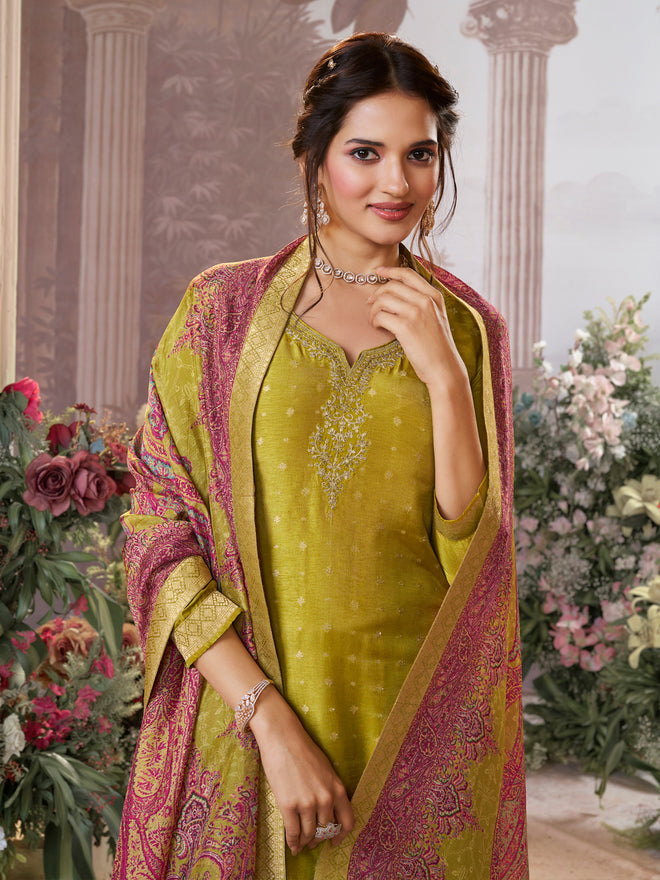 Yellow Dola Silk Kurta Set with Jacquard Detailing and Intricate Embroidery, Paired with a Cherry Contrast Silk Dupatta