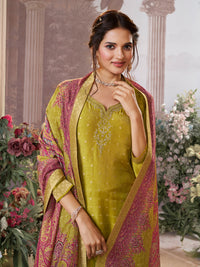 Yellow Dola Silk Kurta Set with Jacquard Detailing and Intricate Embroidery, Paired with a Cherry Contrast Silk Dupatta