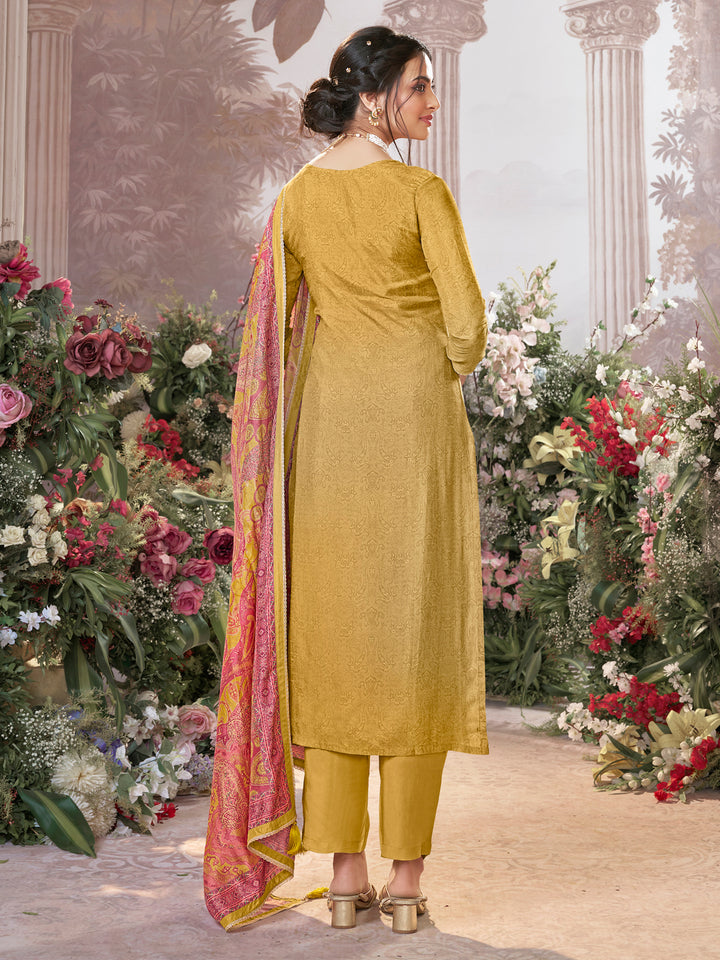 Yellow Russian Silk Kurta Set Paired With Russian Silk Digital Printed Contrast Dupatta