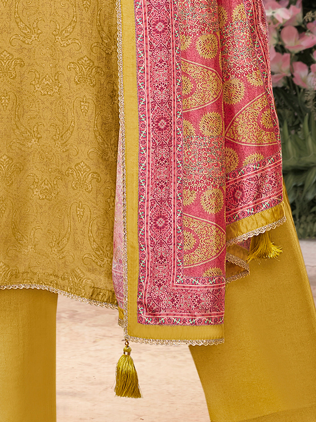 Yellow Russian Silk Kurta Set Paired With Russian Silk Digital Printed Contrast Dupatta