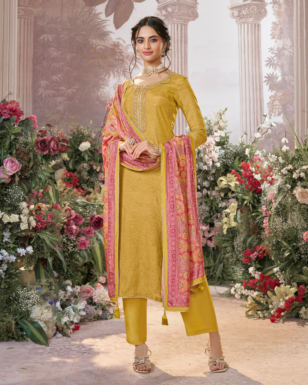 Yellow Russian Silk Kurta Set Paired With Russian Silk Digital Printed Contrast Dupatta