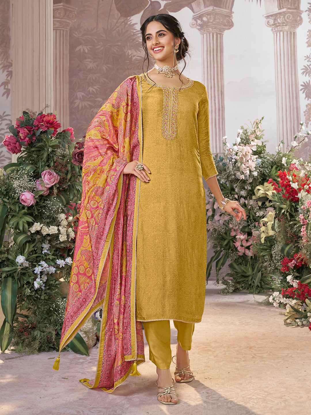 Yellow Russian Silk Kurta Set Paired With Russian Silk Digital Printed Contrast Dupatta