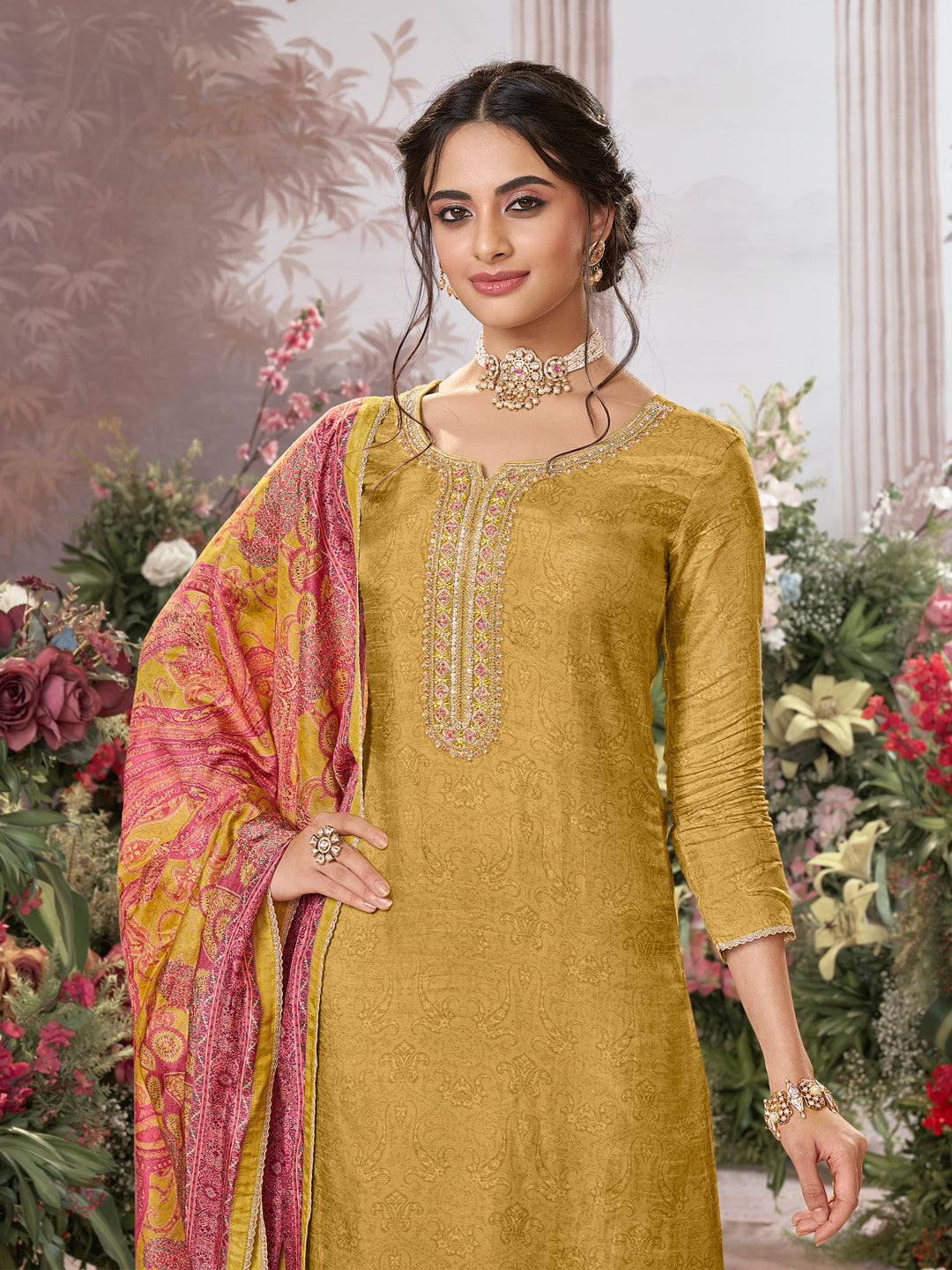 Yellow Russian Silk Kurta Set Paired With Russian Silk Digital Printed Contrast Dupatta