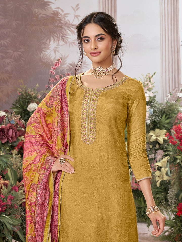 Yellow Russian Silk Kurta Set Paired With Russian Silk Digital Printed Contrast Dupatta