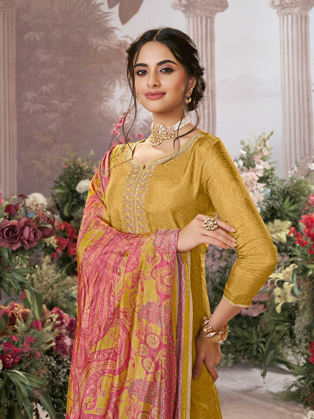 Yellow Russian Silk Kurta Set Paired With Russian Silk Digital Printed Contrast Dupatta