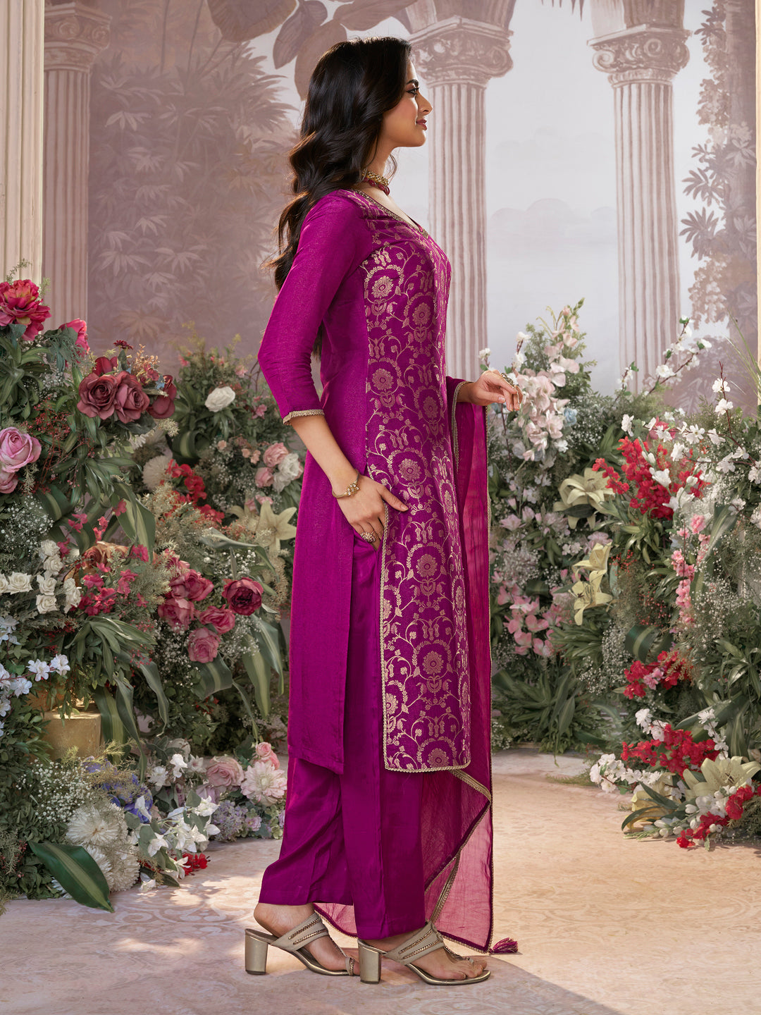 Pansy Purple Chinon Kurta Set with Jacquard and Zari Work, Paired with an Organza Dupatta