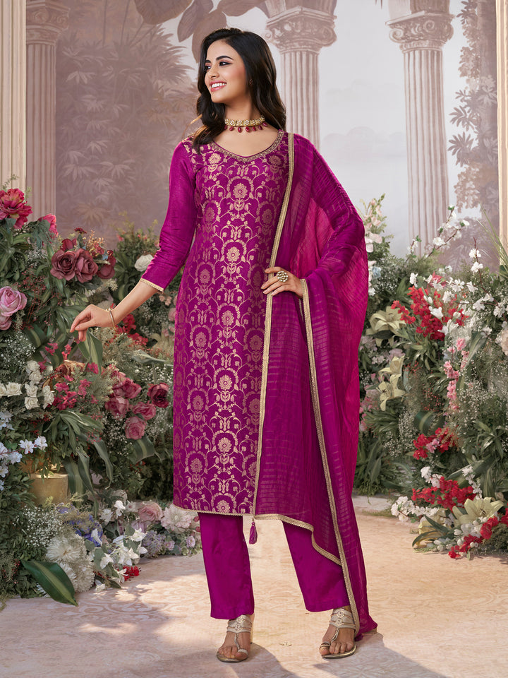 Pansy Purple Chinon Kurta Set with Jacquard and Zari Work, Paired with an Organza Dupatta