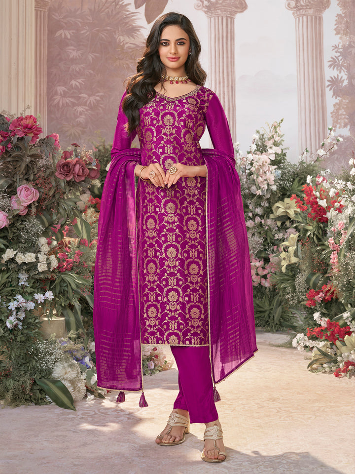 Pansy Purple Chinon Kurta Set with Jacquard and Zari Work, Paired with an Organza Dupatta