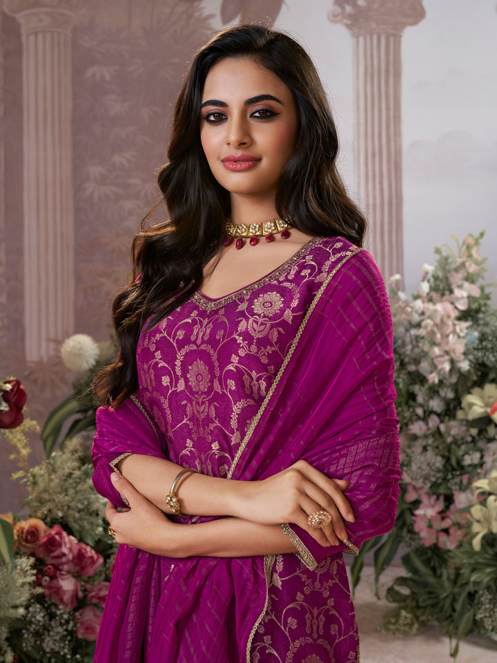 Pansy Purple Chinon Kurta Set with Jacquard and Zari Work, Paired with an Organza Dupatta