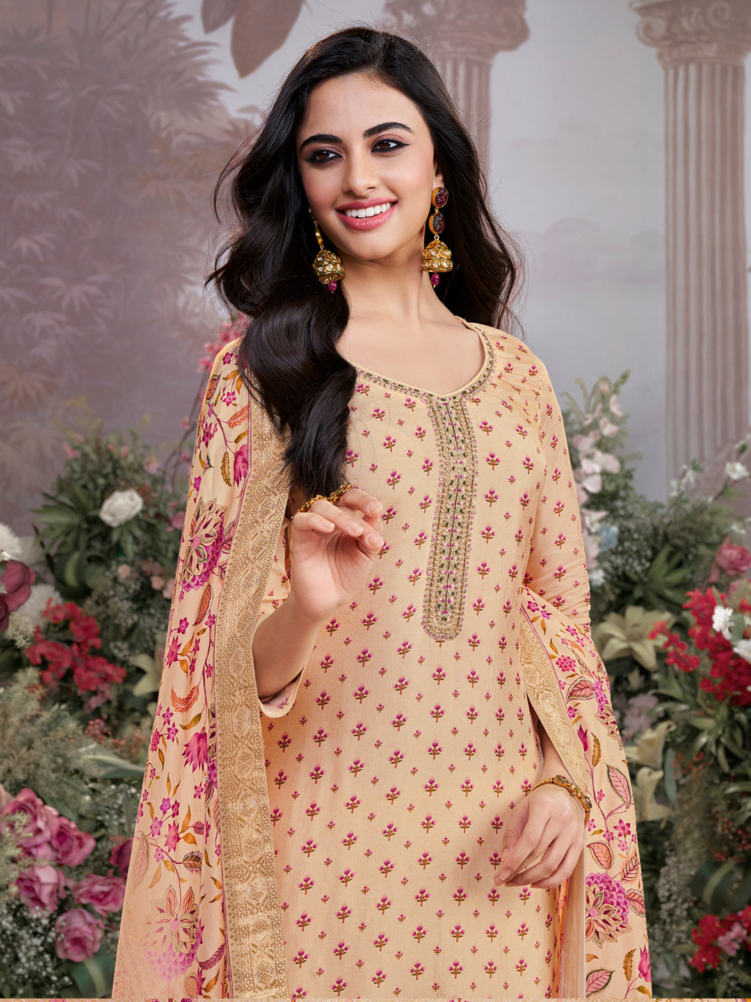 Off-White Russian Silk Kurta Set with Digital Print Work Paired with Russian Silk Digital Printed Duppatta