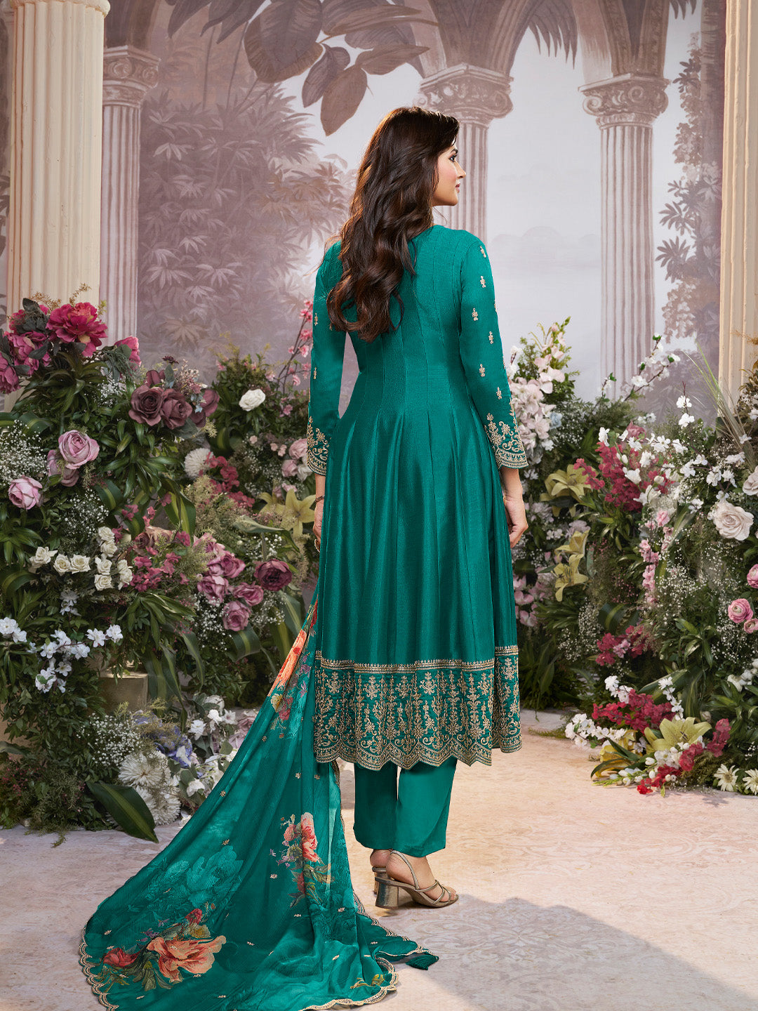 Green Vichitra Silk Embroidered Anarkali Set with Digital Printed Chiffon Dupatta