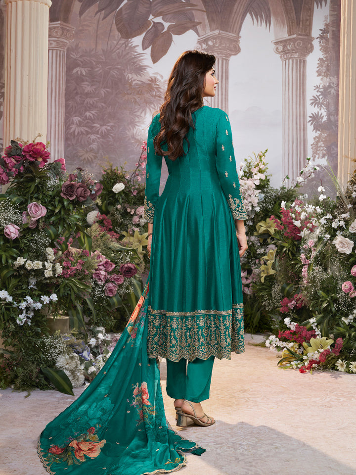 Green Vichitra Silk Embroidered Anarkali Set with Digital Printed Chiffon Dupatta