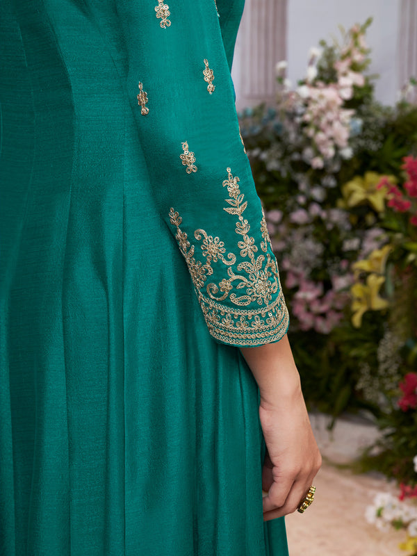 Green Vichitra Silk Embroidered Anarkali Set with Digital Printed Chiffon Dupatta
