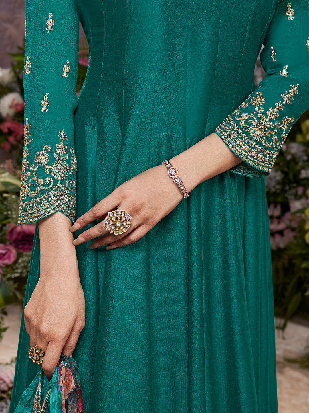 Green Vichitra Silk Embroidered Anarkali Set with Digital Printed Chiffon Dupatta