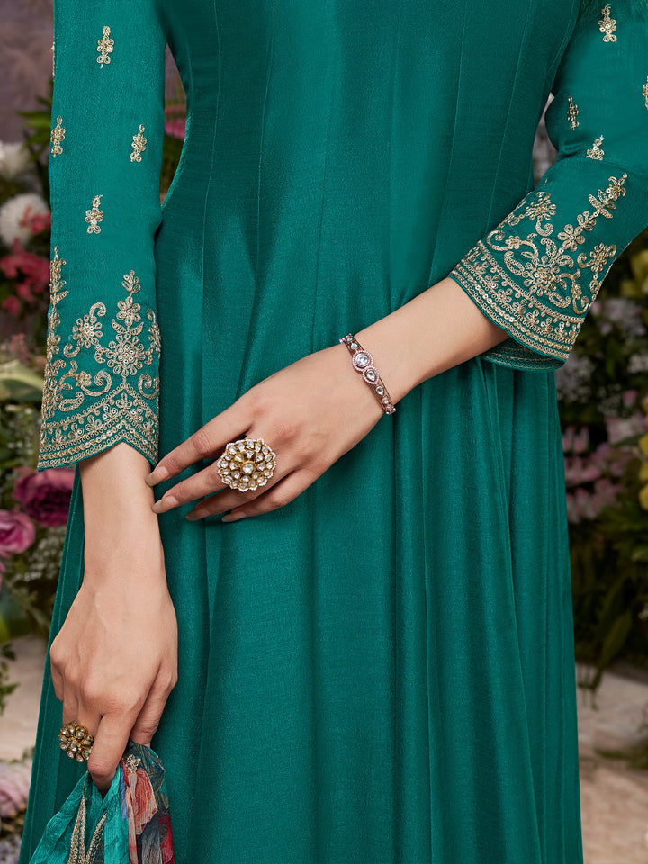 Green Vichitra Silk Embroidered Anarkali Set with Digital Printed Chiffon Dupatta