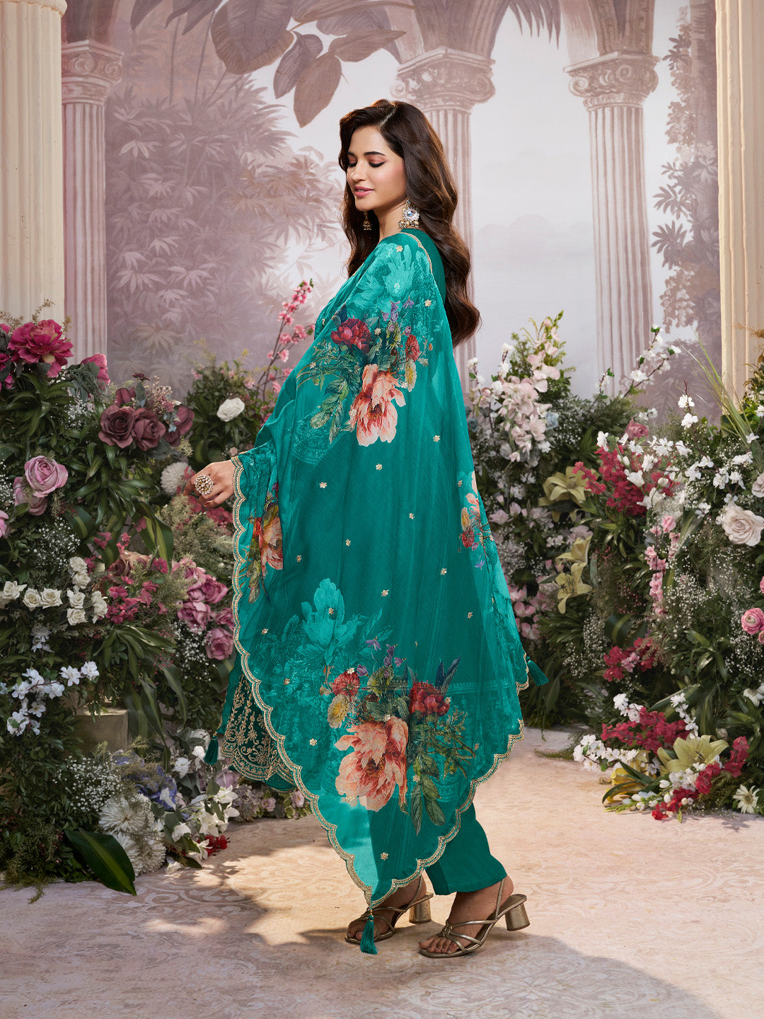 Green Vichitra Silk Embroidered Anarkali Set with Digital Printed Chiffon Dupatta