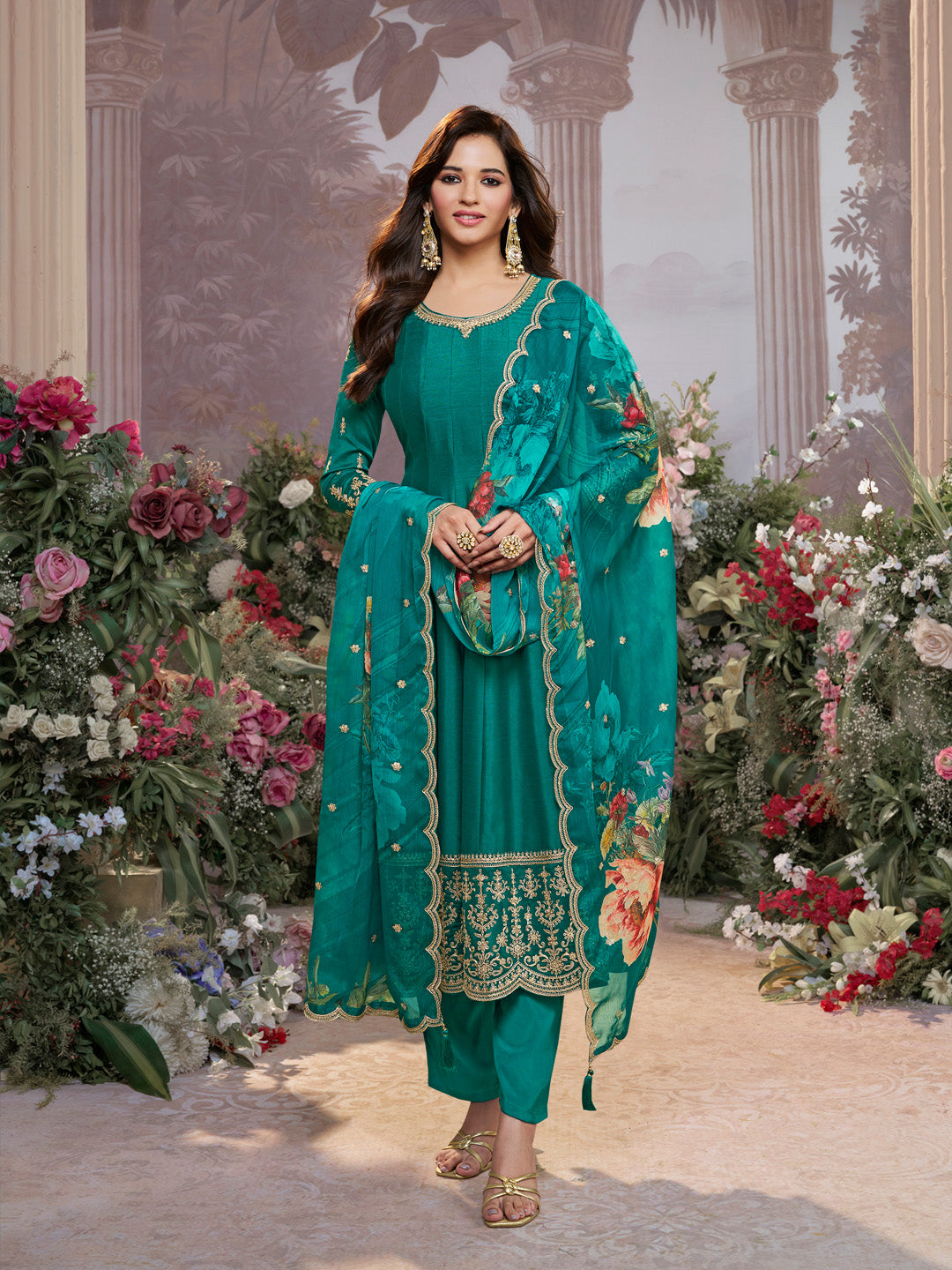 Green Vichitra Silk Embroidered Anarkali Set with Digital Printed Chiffon Dupatta