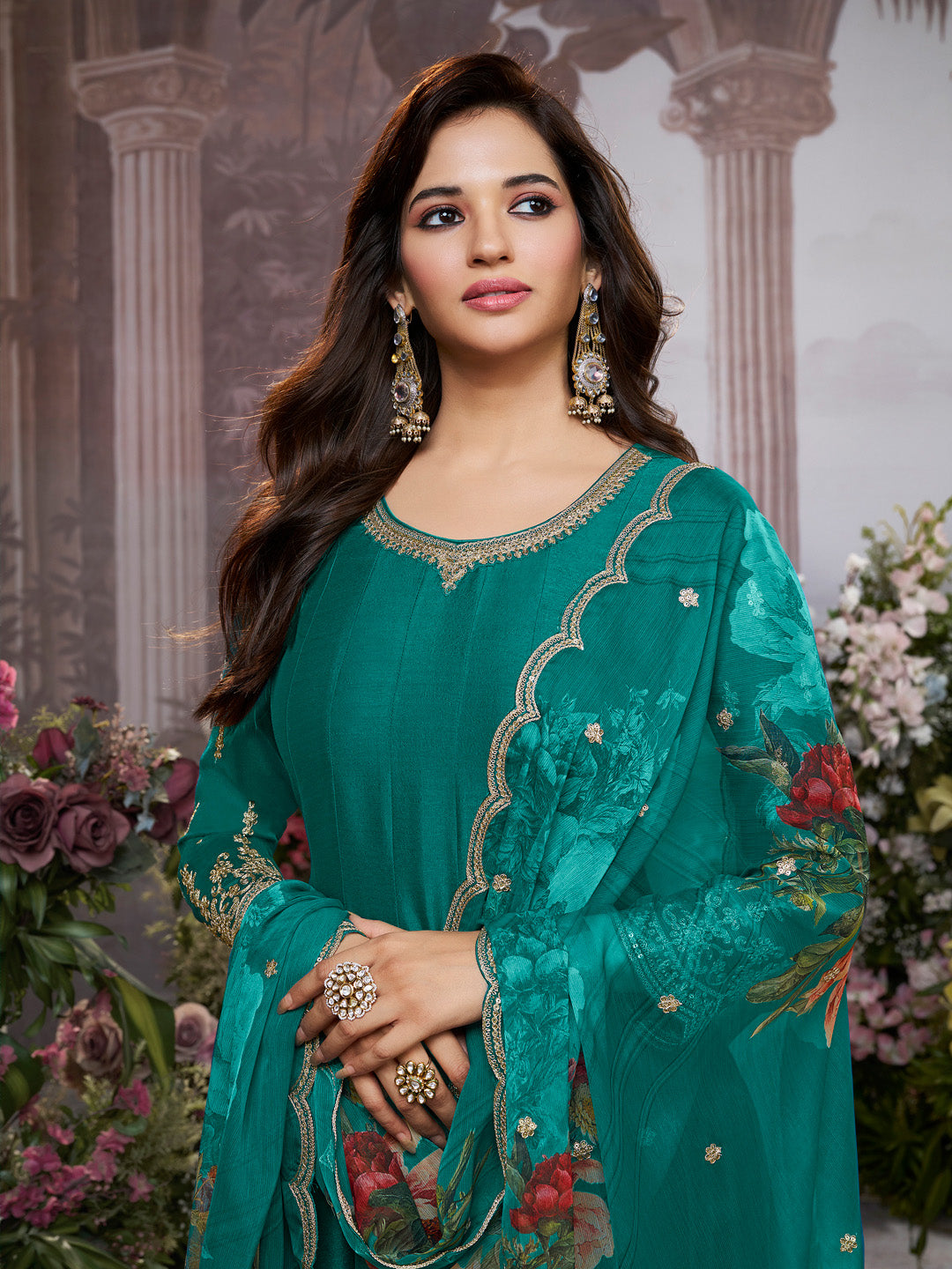 Green Vichitra Silk Embroidered Anarkali Set with Digital Printed Chiffon Dupatta