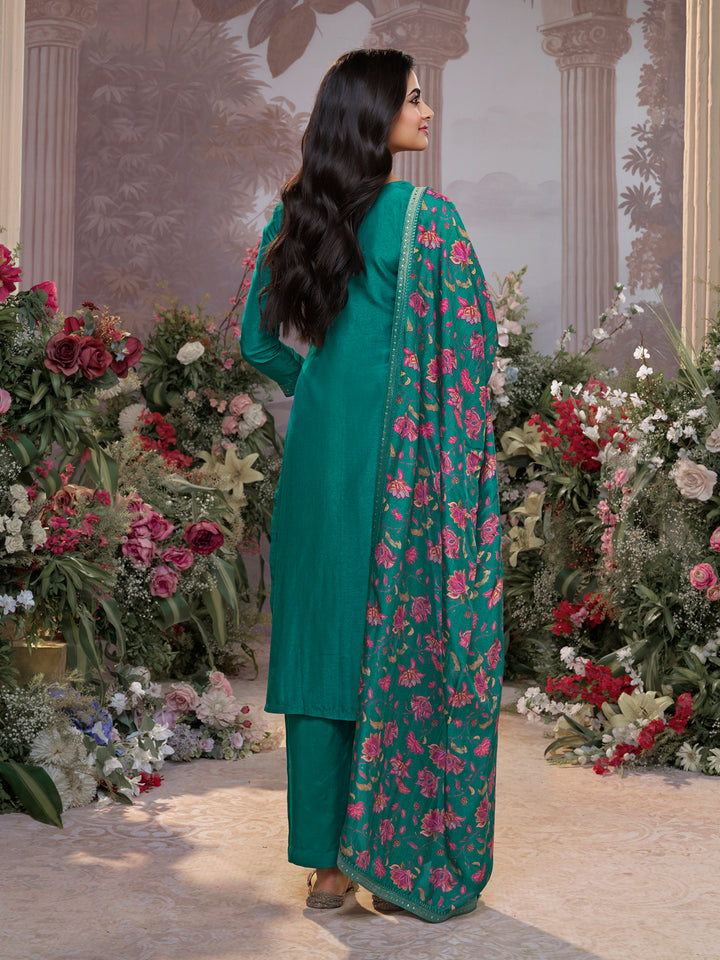 Green Dola Silk Kurta Set with Jacquard Work, Paired with a Dola Silk Digital Printed Dupatta