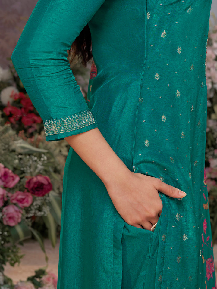 Green Dola Silk Kurta Set with Jacquard Work, Paired with a Dola Silk Digital Printed Dupatta