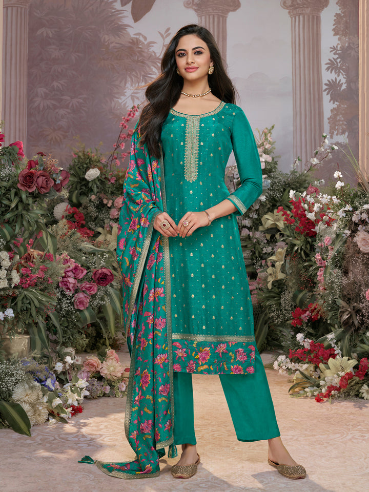 Green Dola Silk Kurta Set with Jacquard Work, Paired with a Dola Silk Digital Printed Dupatta