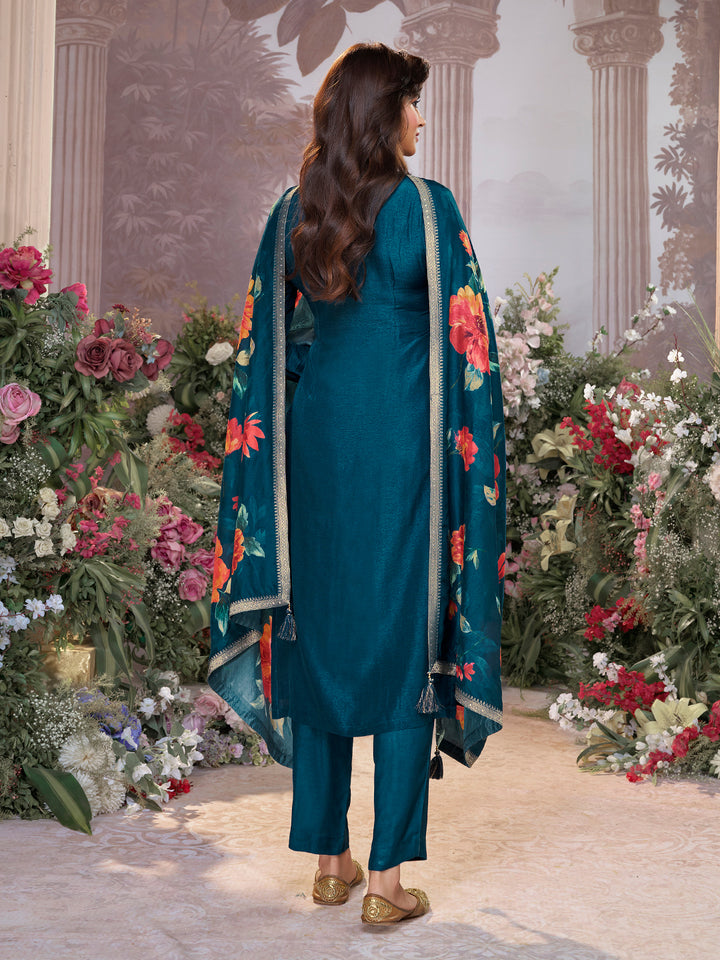 Blue Dola Silk Kurta Set with Jacquard Work, Paired with a Dola Silk Digital Printed Dupatta