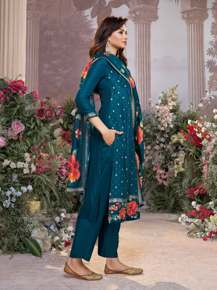 Blue Dola Silk Kurta Set with Jacquard Work, Paired with a Dola Silk Digital Printed Dupatta