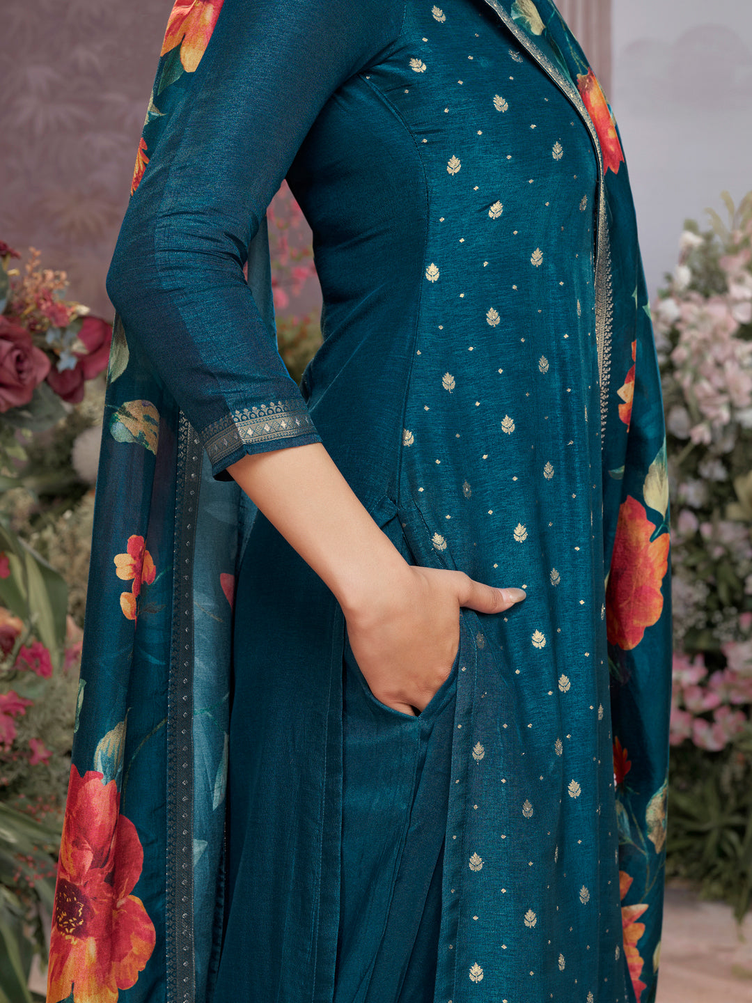 Blue Dola Silk Kurta Set with Jacquard Work, Paired with a Dola Silk Digital Printed Dupatta