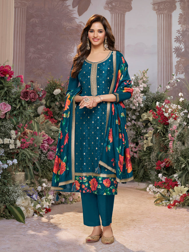 Blue Dola Silk Kurta Set with Jacquard Work, Paired with a Dola Silk Digital Printed Dupatta