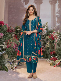 Blue Dola Silk Kurta Set with Jacquard Work, Paired with a Dola Silk Digital Printed Dupatta