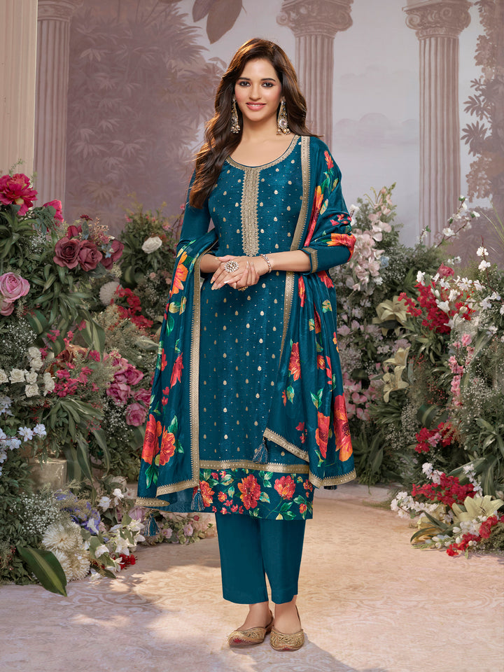 Blue Dola Silk Kurta Set with Jacquard Work, Paired with a Dola Silk Digital Printed Dupatta