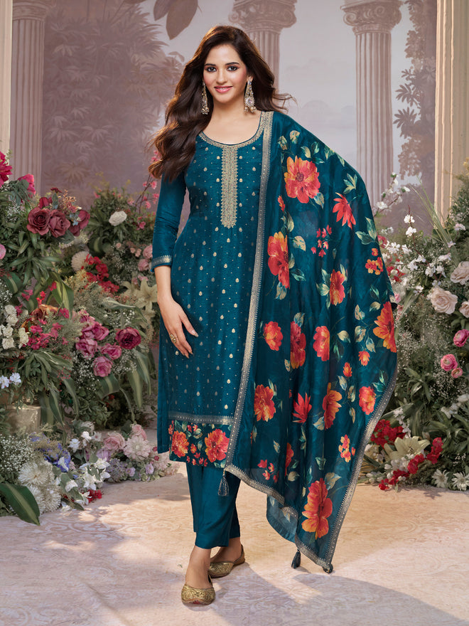 Blue Dola Silk Kurta Set with Jacquard Work, Paired with a Dola Silk Digital Printed Dupatta