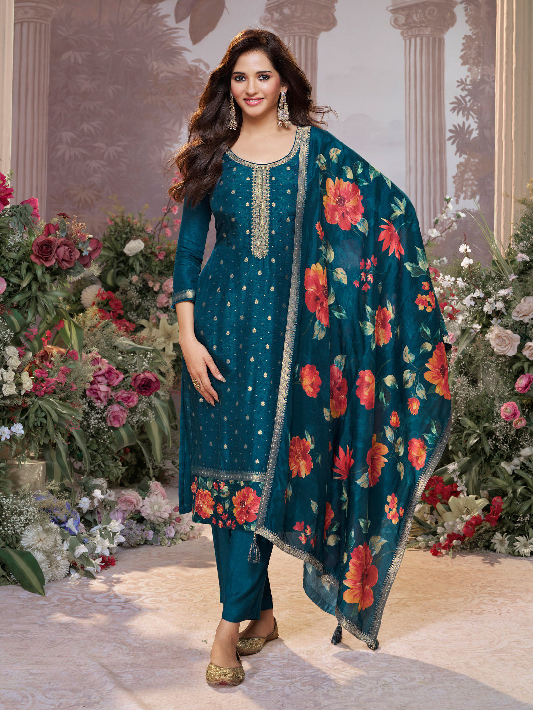 Blue Dola Silk Kurta Set with Jacquard Work, Paired with a Dola Silk Digital Printed Dupatta